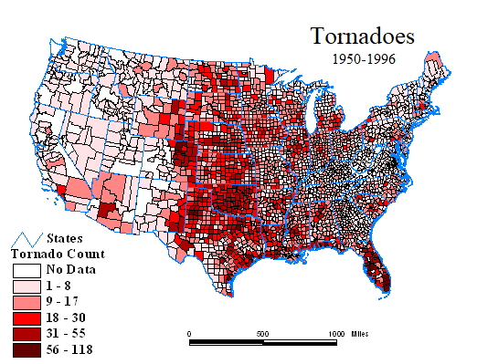 1950 - 1996 Tornado Map (USA)